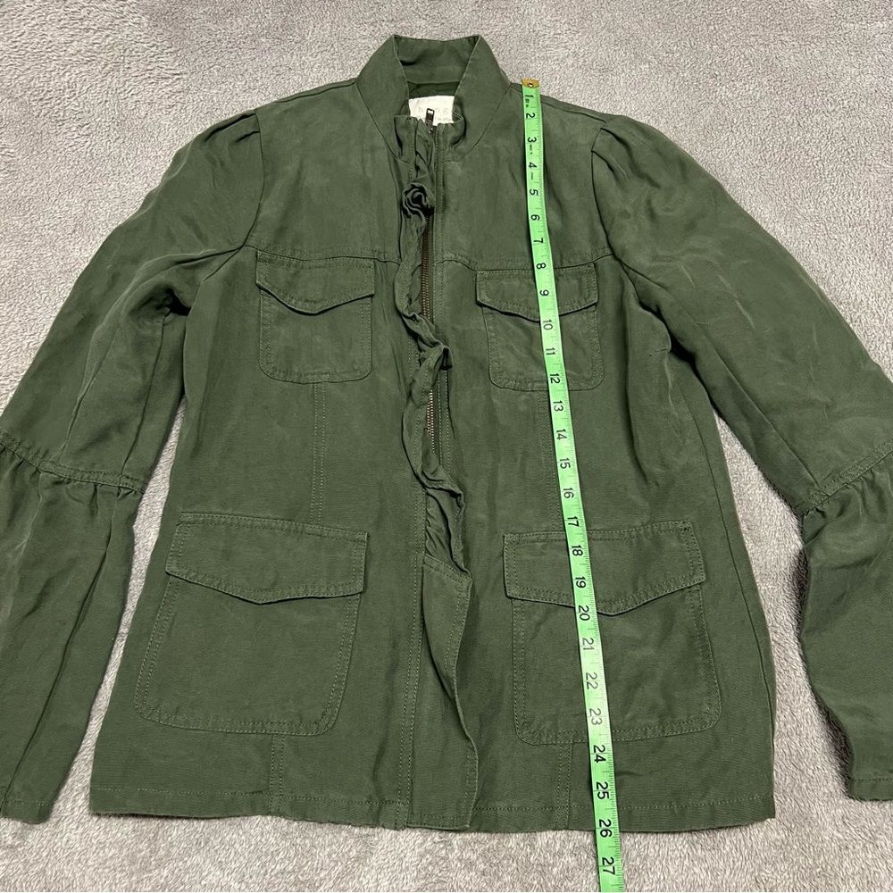 Hinge Seattle Military Jacket Womens Small Army Green Ruffle Zip Trumpet Sleeve - Picture 2 of 8